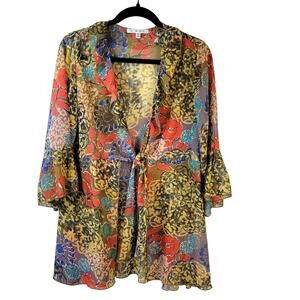 CAbi Shakespeare Blouse Women's M Multi Floral Ruffle Tie Front Kimono Boho Chic